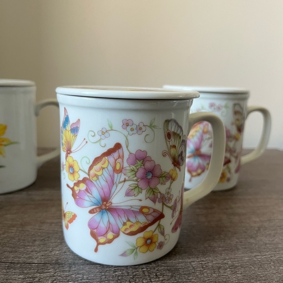 Toscany Collection Japan Butterfly & Floral Vintage Cup with lid Set of 4 - Picture 3 of 11